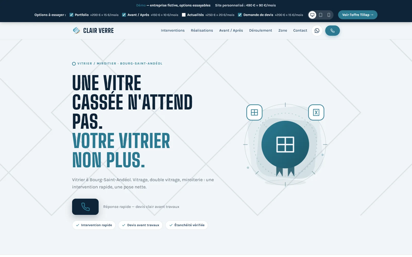 Maquette de site pour un vitrier-miroitier